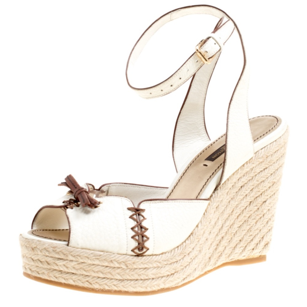 Louis Vuitton White and Brown Wedge Sandals